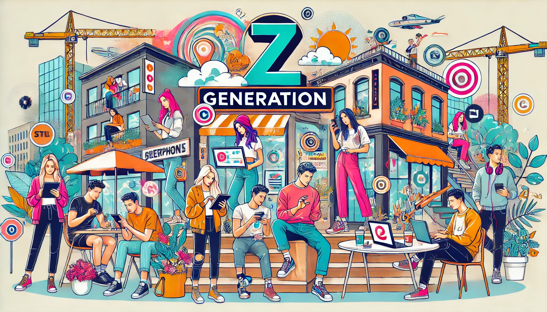 DALL·E 2024 08 10 23.12.01 An illustration of Generation Z individuals in a modern dynamic and vibrant setting. The scene should capture the essence of their digital savvy di