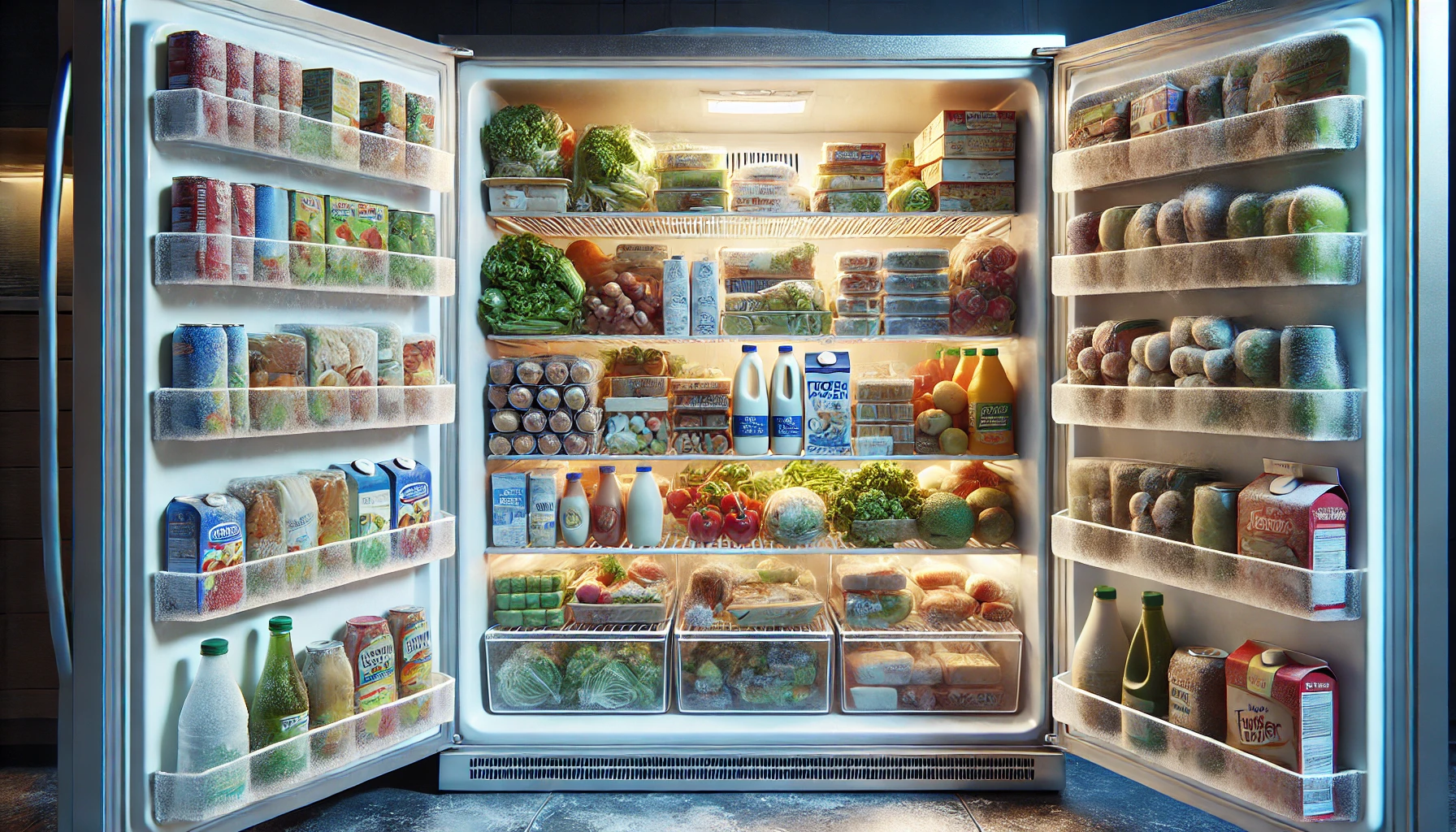 DALL·E 2024 08 13 10.00.03 A realistic and highly detailed image of a refrigerator freezer packed with various types of frozen food. The freezer is organized with different shel
